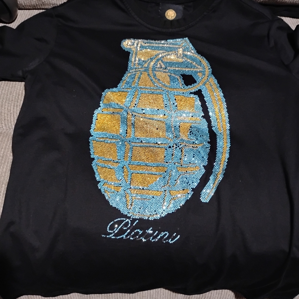 Black Short Sleeve Tee with Blue and Gold Design